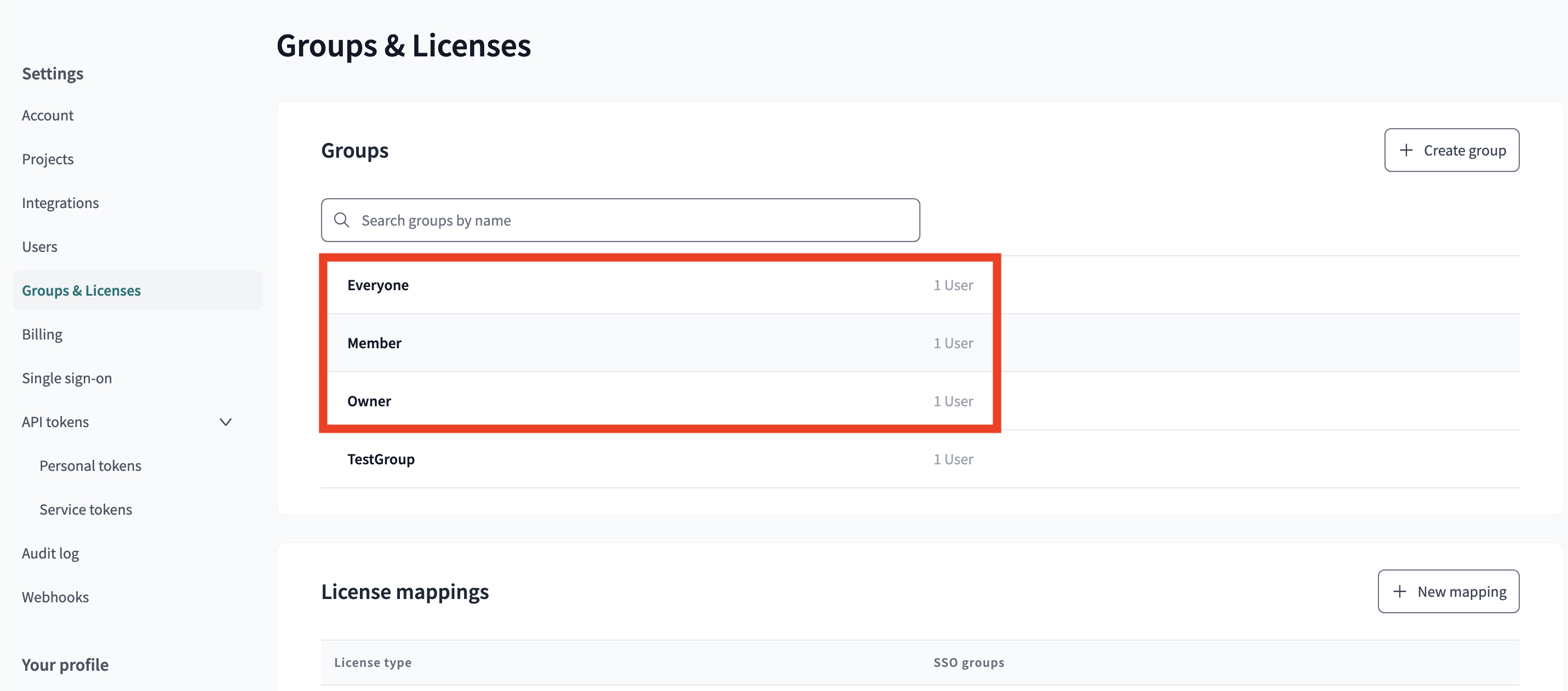 Groups & Licenses page in dbt Cloud with the default groups highlighted.